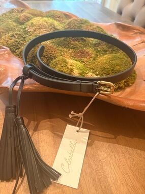 Cleobella Black Leather Waist Belt with Tassels and Gold Buckle